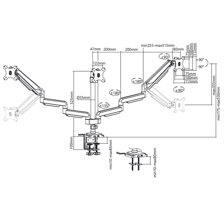 3-Fach Monitorhalterung mit Gasfeder und 1x USB 3.0 Port Mikrofon-/ Kopfhörer-Anschluss Monitorarm für 3 Bildschirme Höhenverstellbar Schwenkbar Neigbar Drehbar 13"-30" bis 7kg VESA 75x75 100x100 (Mattschwarz)