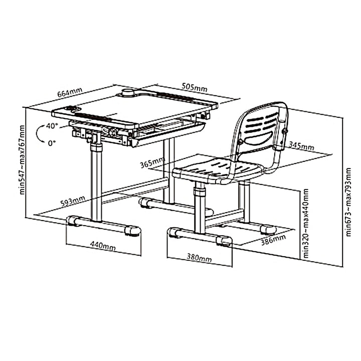 Ergonomischer Kinderschreibtisch mit Stuhl und Schublade Kinder-Schultisch bis 75kg Schülerschreibtisch Höhenverstellbar und Neigbar