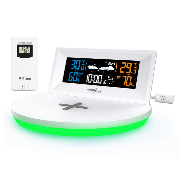 Kabellose Wetterstation mit kabellosem Qi-Ladegerät Stimmungslicht Basis Wettervorhersage Kalender Wecker und Schlummerfunktion Externer Sensor Innen und Außen Thermometer Farbdisplay