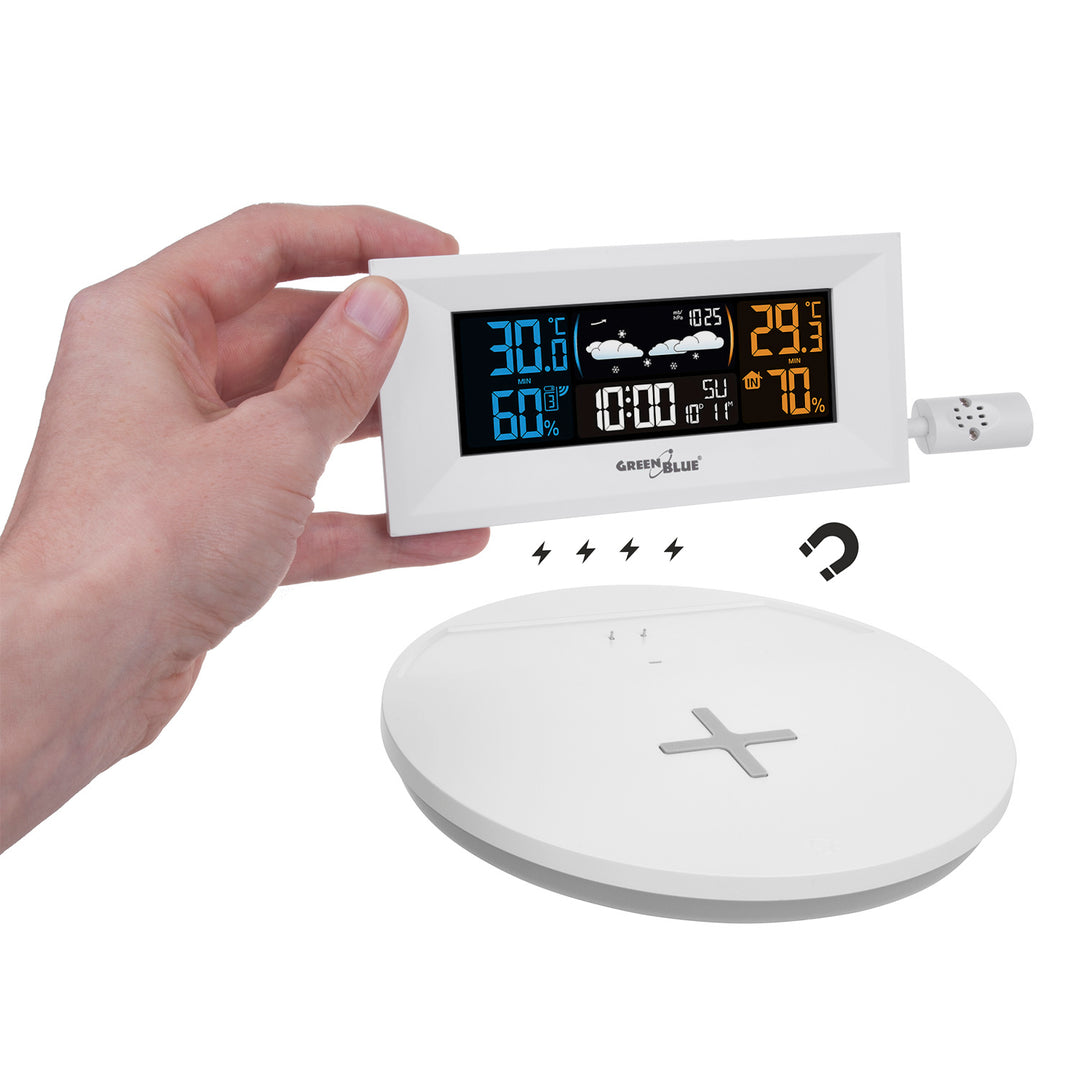 Kabellose Wetterstation mit kabellosem Qi-Ladegerät Stimmungslicht Basis Wettervorhersage Kalender Wecker und Schlummerfunktion Externer Sensor Innen und Außen Thermometer Farbdisplay