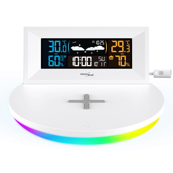 Kabellose Wetterstation mit kabellosem Qi-Ladegerät Stimmungslicht Basis Wettervorhersage Kalender Wecker und Schlummerfunktion Externer Sensor Innen und Außen Thermometer Farbdisplay