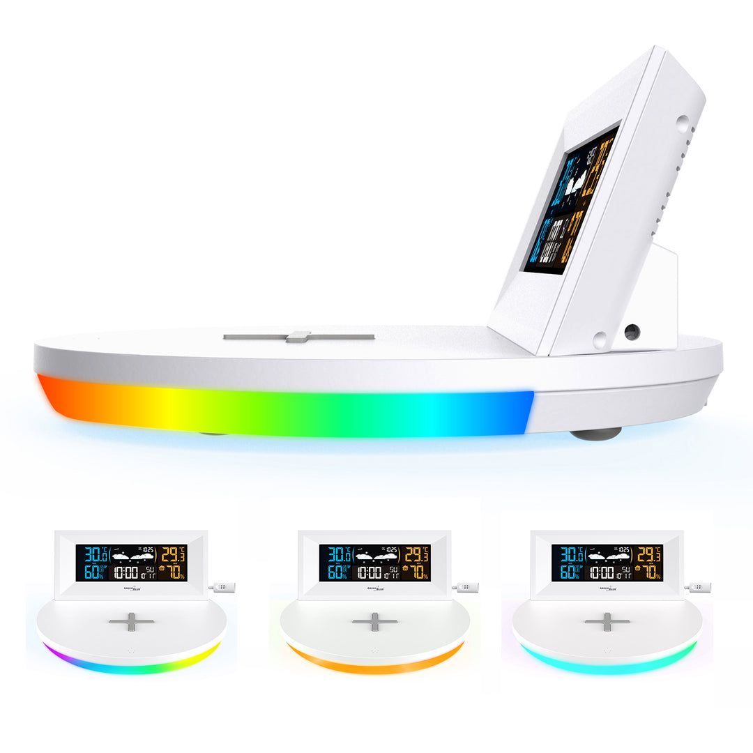 Kabellose Wetterstation mit kabellosem Qi-Ladegerät Stimmungslicht Basis Wettervorhersage Kalender Wecker und Schlummerfunktion Externer Sensor Innen und Außen Thermometer Farbdisplay