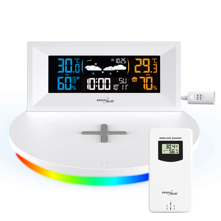 Kabellose Wetterstation mit kabellosem Qi-Ladegerät Stimmungslicht Basis Wettervorhersage Kalender Wecker und Schlummerfunktion Externer Sensor Innen und Außen Thermometer Farbdisplay