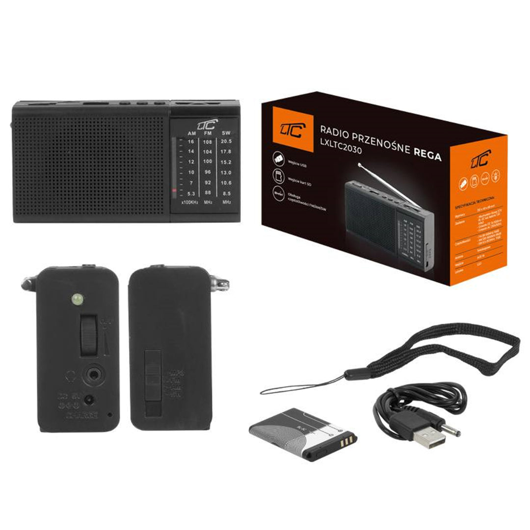 Rega Tragbares Retro-Radio mit AM/FM/AUX / MP3 / USB/SD BL-5C Batterie Teleskopantenne Schwarz