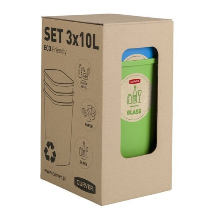 Curver Eco Friendly 3er-Set Mülltrennungssystem Mülleimer Mülltrennung Papier Glas und Kunststoff Recycling-Eimer aus Kunstoff (3x9L)