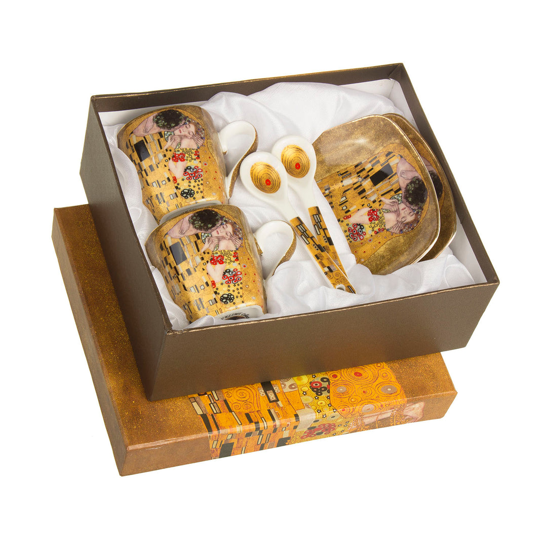 Tassen mit Untertassen und Löffel Kuss Klimt Geschenkidee