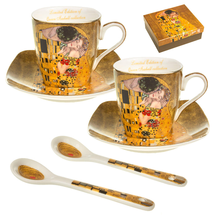 Tassen mit Untertassen und Löffel Kuss Klimt Geschenkidee