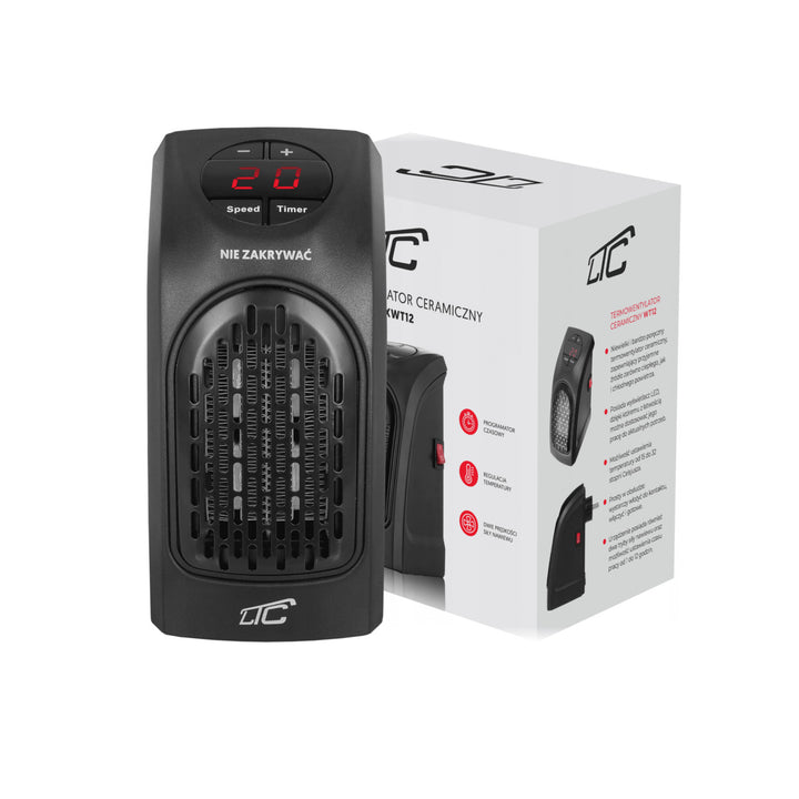 LTC geregelte Lüfterheizung mit Keramikheizung, 230 V, 400 W, für Steckdose, schwarz.