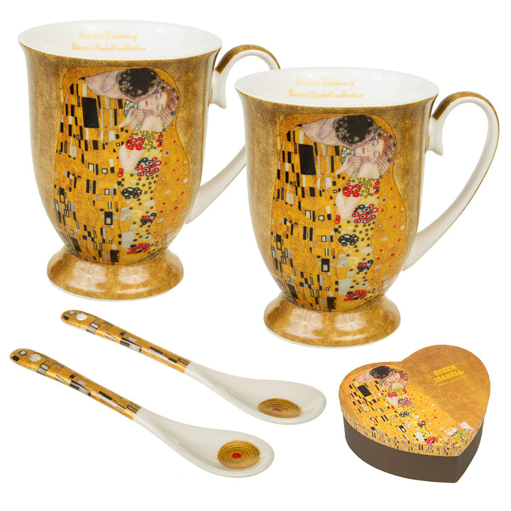 Kaffebecher mit Löffel für Zwei Peronen Porzellan Becher Der Kuss von Gustav Klimt Geschenkbox Geschenkidee 2er Set 250ml