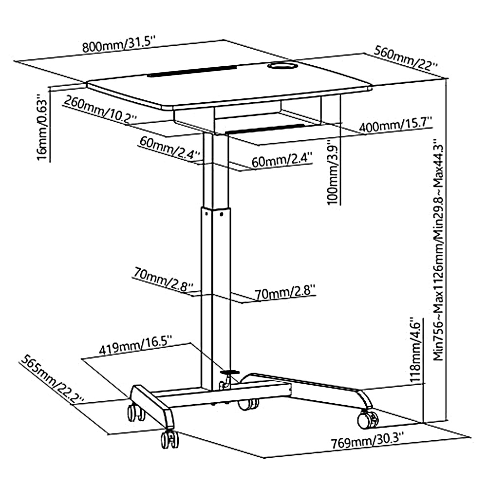 Höhenverstellbarer Laptoptisch mit Rollen und mit Einer Schublade Sitz-steh-Schreibtisch Höhenverstellbar bis max. 113cm max. 8kg (Weiß)