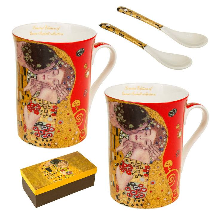 Queen Isabell Kaffebecher Set mit Löffel für Zwei Peronen Der Kuss von Gustav Klimt Rot Geschenkidee Porzellan 2-er Pack 250ml