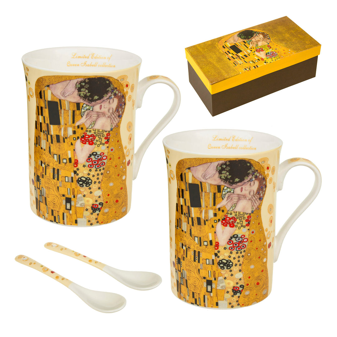 2x Kaffeebecher Set 250ml Becher mit Löffel Der Kuss von Gustav Klimt Geschenkidee Porzellan