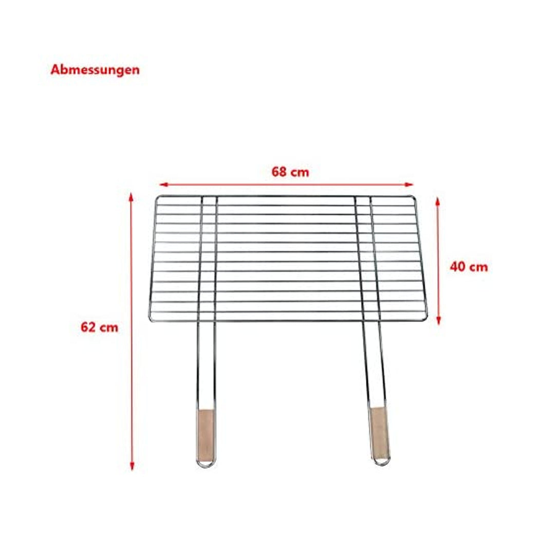 Grillrost 68x40cm mit 2 Holzgriffen Stahl verchromt Grillgitter Grillaufsatz Ersatzrost
