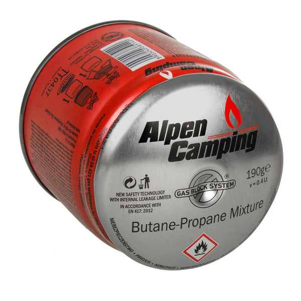 Gaskartusche 400 ml Alpen Camping. Zertifikat: Pi 0437, EN417 konform, Propan-Butan, Bereich -10°C bis +40°C, GAS STOP IK006 System