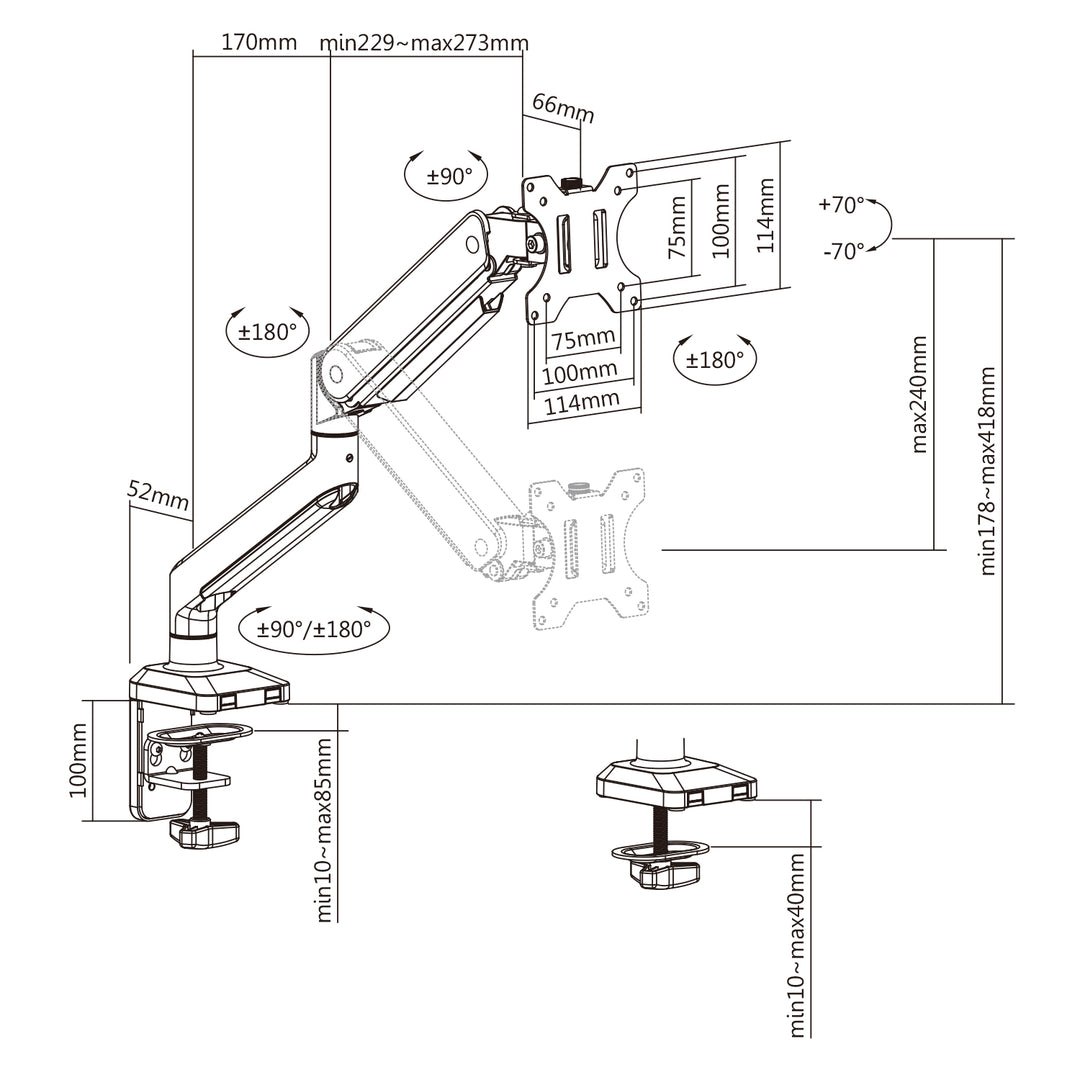 1-Fach Monitorhalterung mit Gasfeder 17"-32" Doppelarm Tischhalterung Monitorarm Schwenkbar Neigbar Drehbar VESA 75x75 100x100 bis 10kg Aluminium