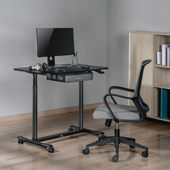 Sitz-Steh-Schreibtisch Pneumatisch Höhenverstellbarer Bürotisch mit Schublade und Rollen Ergonomischer Schreibtisch 91,5x56cm