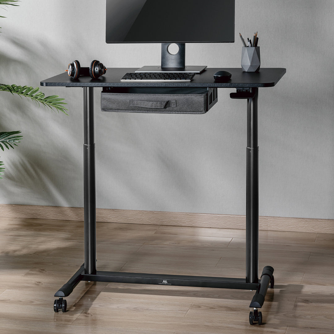 Sitz-Steh-Schreibtisch Pneumatisch Höhenverstellbarer Bürotisch mit Schublade und Rollen Ergonomischer Schreibtisch 91,5x56cm