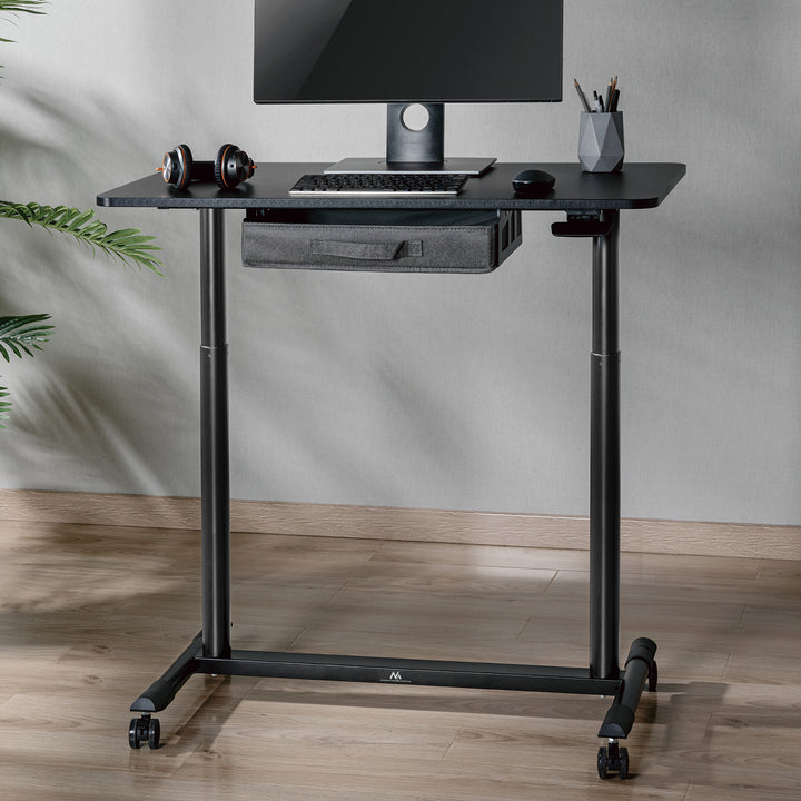 Sitz-Steh-Schreibtisch Pneumatisch Höhenverstellbarer Bürotisch mit Schublade und Rollen Ergonomischer Schreibtisch 91,5x56cm