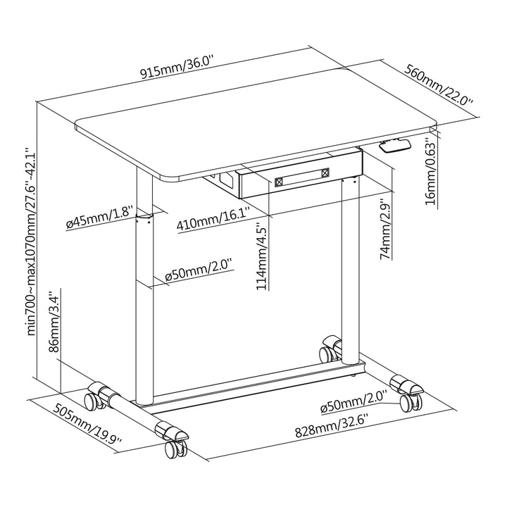 Sitz-Steh-Schreibtisch Pneumatisch Höhenverstellbarer Bürotisch mit Schublade und Rollen Ergonomischer Schreibtisch 91,5x56cm