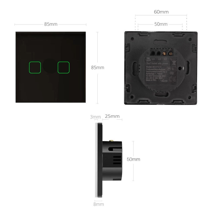 Touch Wechselschalter Lichtschalter Kreuzschalter Wandschalter Treppenschalter mit Farbwechsel LED Hintergrundbeleuchtung Einbauschalter 2-Fach Eckig Schwarz