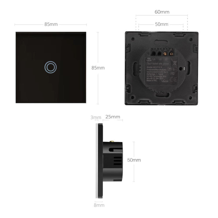 Touch Wechselschalter Lichtschalter Kreuzschalter Wandschalter Treppenschalter mit Farbwechsel LED Hintergrundbeleuchtung Einbauschalter 1-Fach Rund Schwarz