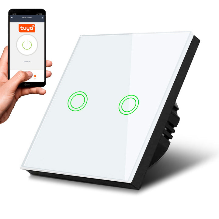 Touch Lichtschalter Kompatibel Smart WiFi 2-Fach mit Tuya APP Wandschalter Glas Schalter mit Farbwechsel LED Hintergrundbeleuchtung Einbauschalter 85x85mm (2-Fach Rund, Weiß)
