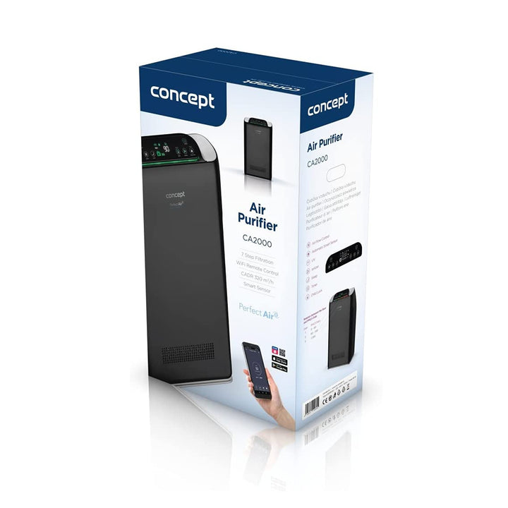 CONCEPT Hausgeräte Perfect Air SMART CA2000 Luftreiniger Raumluftreiniger 320 m3 / h 7-Stufen-Filtration HEPA-13 Staubfilter Ionisator Kohlefilter 99.9% Mobile App, schwarz
