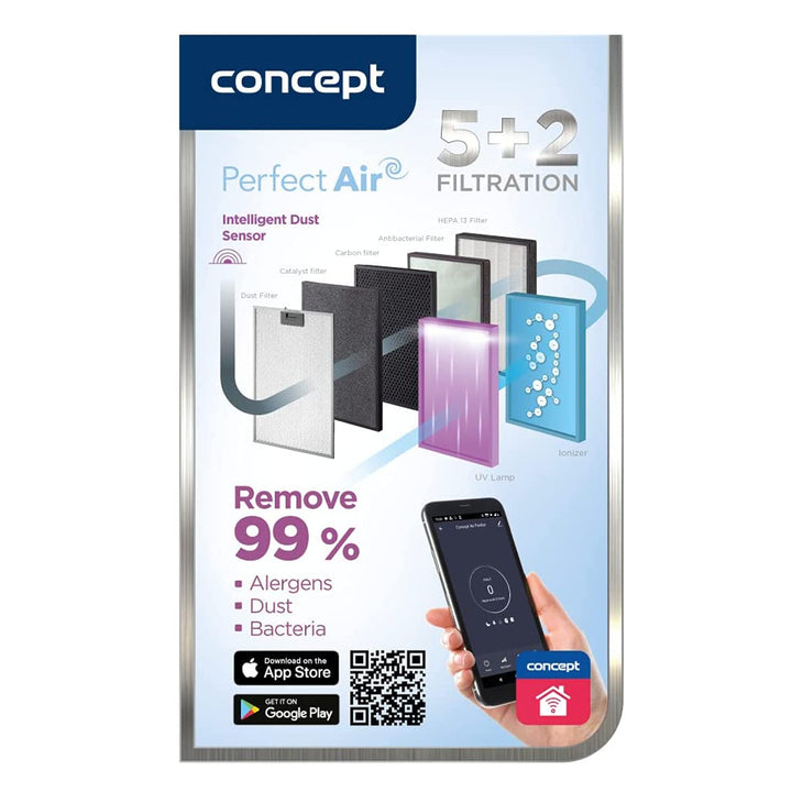 CONCEPT Hausgeräte Perfect Air SMART CA2000 Luftreiniger Raumluftreiniger 320 m3 / h 7-Stufen-Filtration HEPA-13 Staubfilter Ionisator Kohlefilter 99.9% Mobile App, schwarz