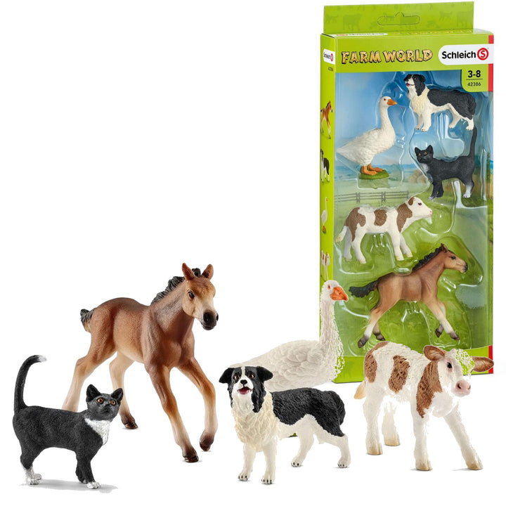Schleich SLH42386 Schleich Assorted Farm World Animals Toy Play Set 5er Pack Katze Hund Kuh