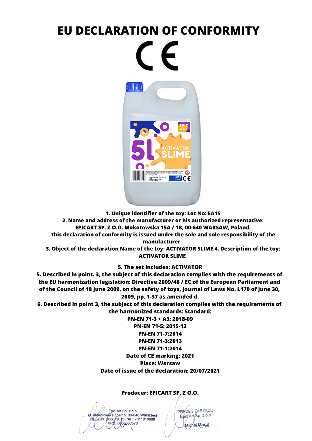 Flüssiger Aktivator, 5L für Schleim, 5000ml - Epic Art Poland
