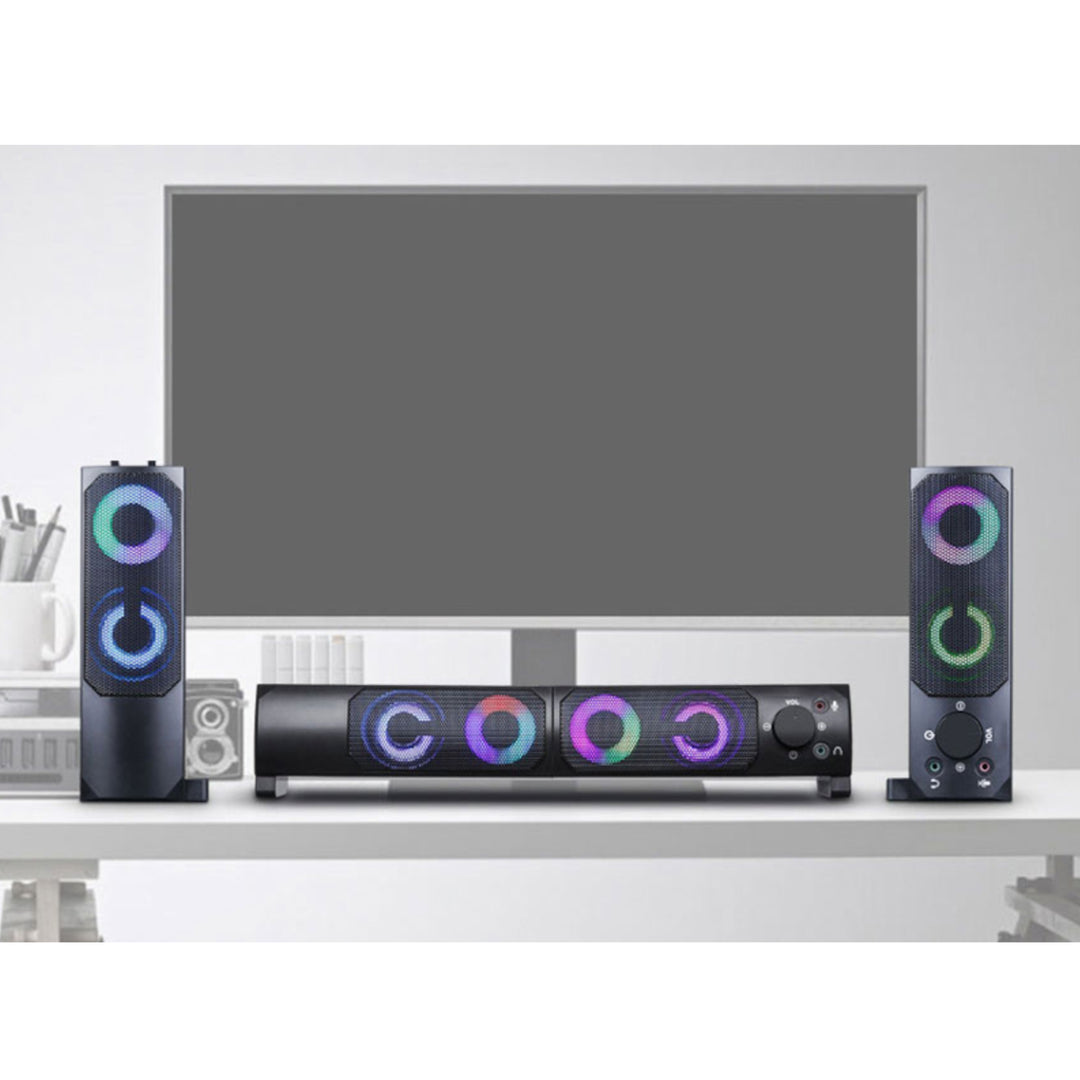 2 in 1 Bluetooth Lautsprecher 2.0 PC-Lautsprecher mit Soundbar Funktion LED RGB-Hintergrundbeleuchtung Stereo-Lautsprecher 2x3W RMS 2x2" AUX 3,5 mm USB-Stromversorgung