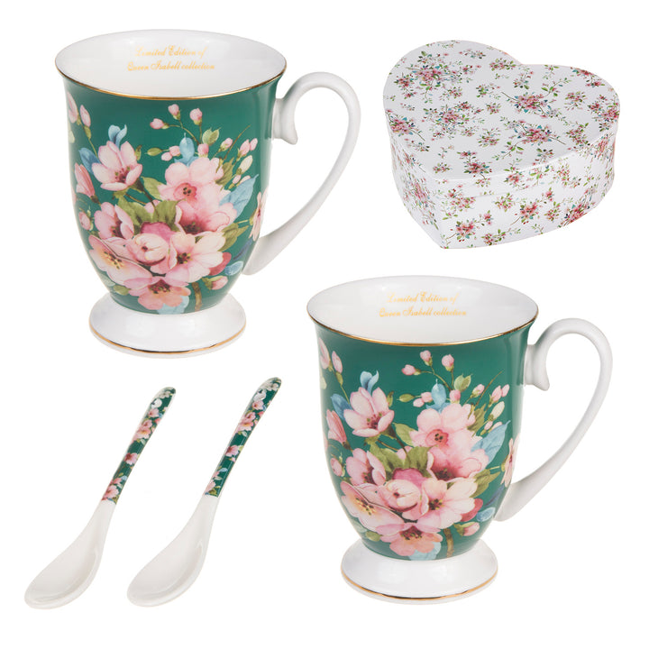 Kaffebecher Set mit Löffel für Zwei Peronen Porzellan Blumenmuster Becher Herzförmige Geschenkbox Geschenkidee 2er Set 300ml