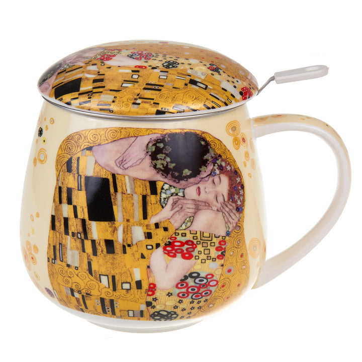 Porzellanbecher Teetasse mit Deckel und Teesieb Teezubereiter Der Kuss von Gustav Klimt Geschenkidee Porzellan 450ml