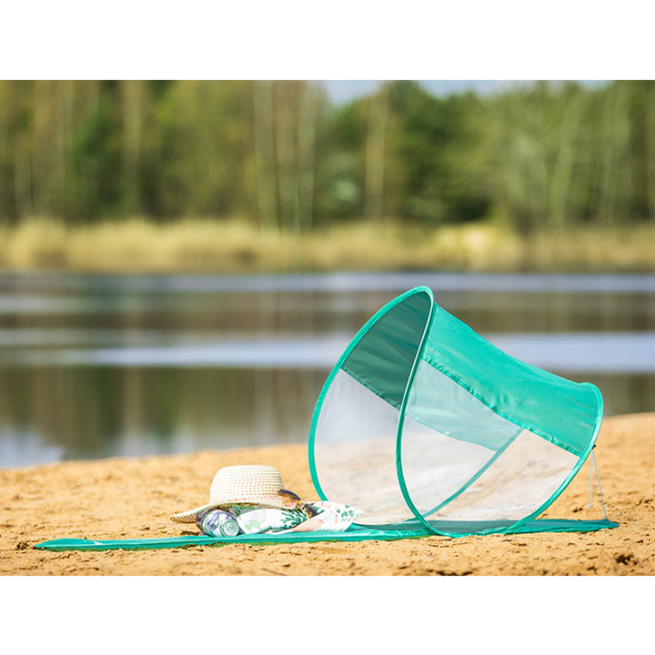 Strandmatte mit Sonnenschutz Stranddecke Picknickdecke Sonnenschutzdach 145 x 70 cm Outdoor Decke Wasserdicht Schnell Faltbar Tragbar  Minze