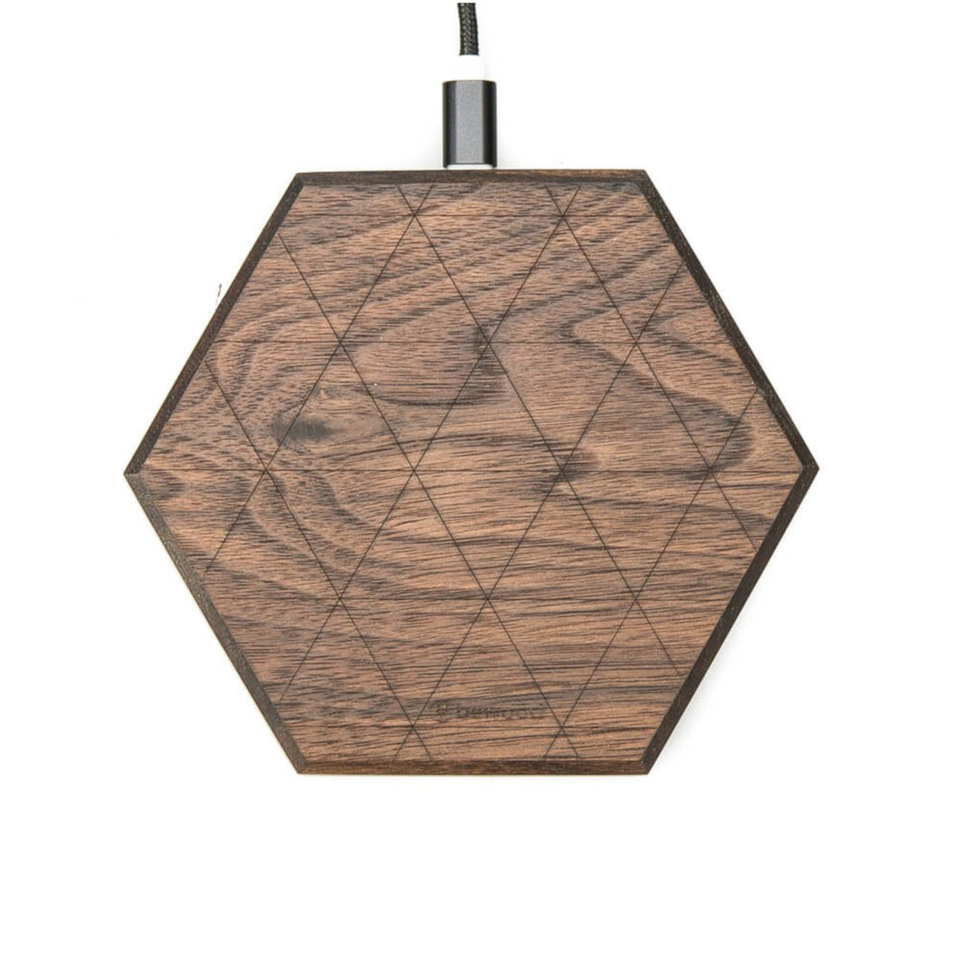 Hexagon Kabellose Qi Ladestation aus Holz max 15W Ladegerät Qi-Ladesystem Holzgehäuse Inklusive 1m USB-Kabel (Walnuss)