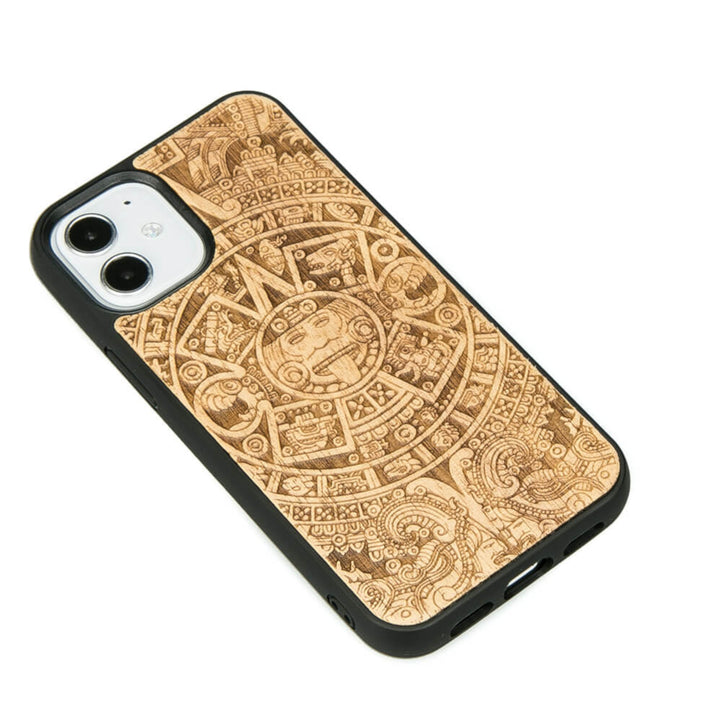 Bewood Handytasche Holzetui Kompatibel mit iPhone 12 Mini Schutzhülle Hergestellt aus Naturholz Präzisionsarbeit (Aztekenkalender / Aniegre)