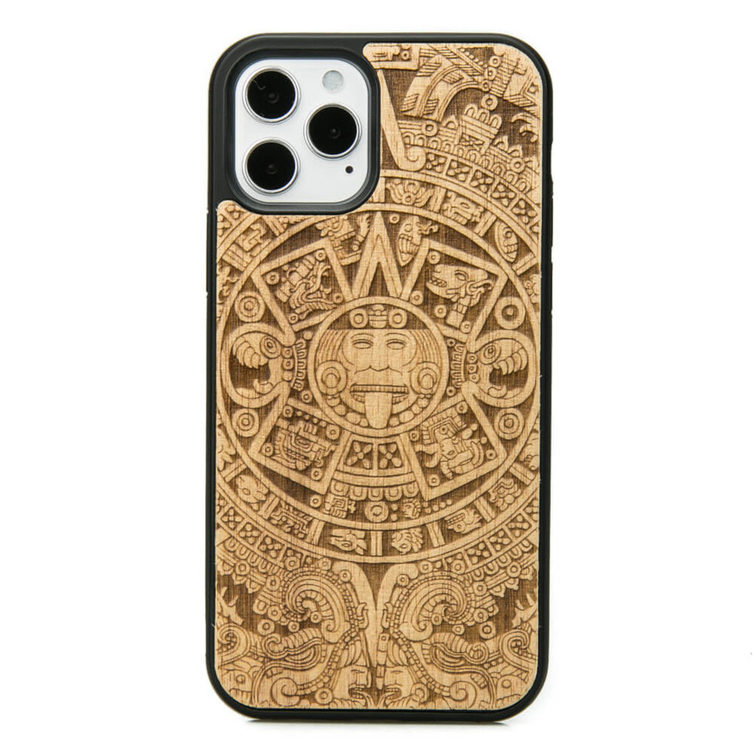 Bewood Handytasche Holzetui Kompatibel mit iPhone 12/12 Pro Schutzhülle Hergestellt aus Naturholz Präzisionsarbeit (Aztekenkalender / Aniegre)