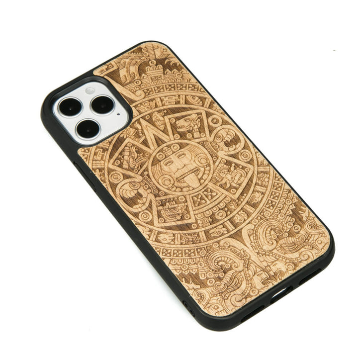 Bewood Handytasche Holzetui Kompatibel mit iPhone 12/12 Pro Schutzhülle Hergestellt aus Naturholz Präzisionsarbeit (Aztekenkalender / Aniegre)