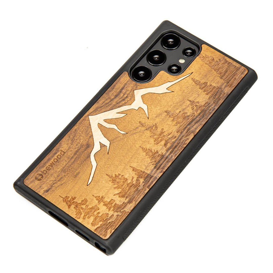 Bewood Handyhülle Holzetui Kompatibel mit Samsung Galaxy S22 Ultra Schutzhülle Hergestellt aus Naturholz Handwerkliche Präzision (Berge/Imbuia)
