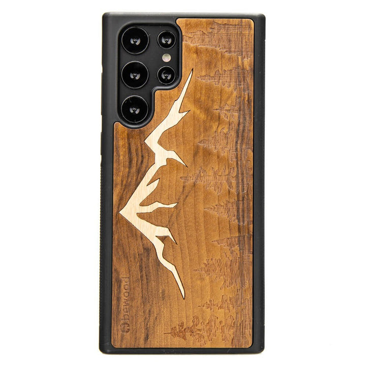 Bewood Handyhülle Holzetui Kompatibel mit Samsung Galaxy S22 Ultra Schutzhülle Hergestellt aus Naturholz Handwerkliche Präzision (Berge/Imbuia)