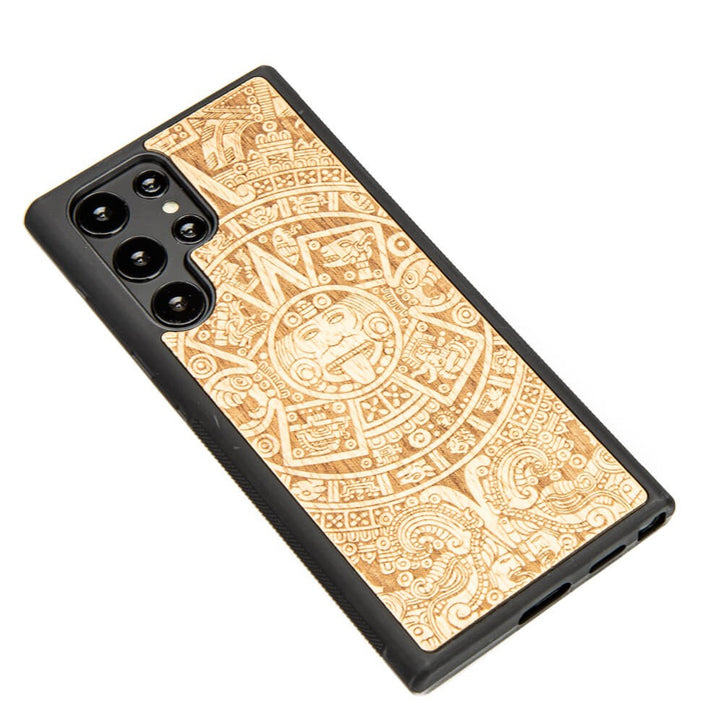 Bewood Handyhülle Holzetui Kompatibel mit Samsung Galaxy S22 Ultra Schutzhülle Hergestellt aus Naturholz Handwerkliche Präzision (Aztekischer Kalender/Aniegre)