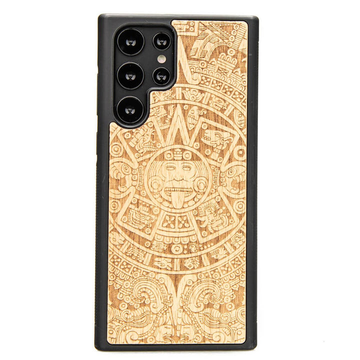 Bewood Handyhülle Holzetui Kompatibel mit Samsung Galaxy S22 Ultra Schutzhülle Hergestellt aus Naturholz Handwerkliche Präzision (Aztekischer Kalender/Aniegre)