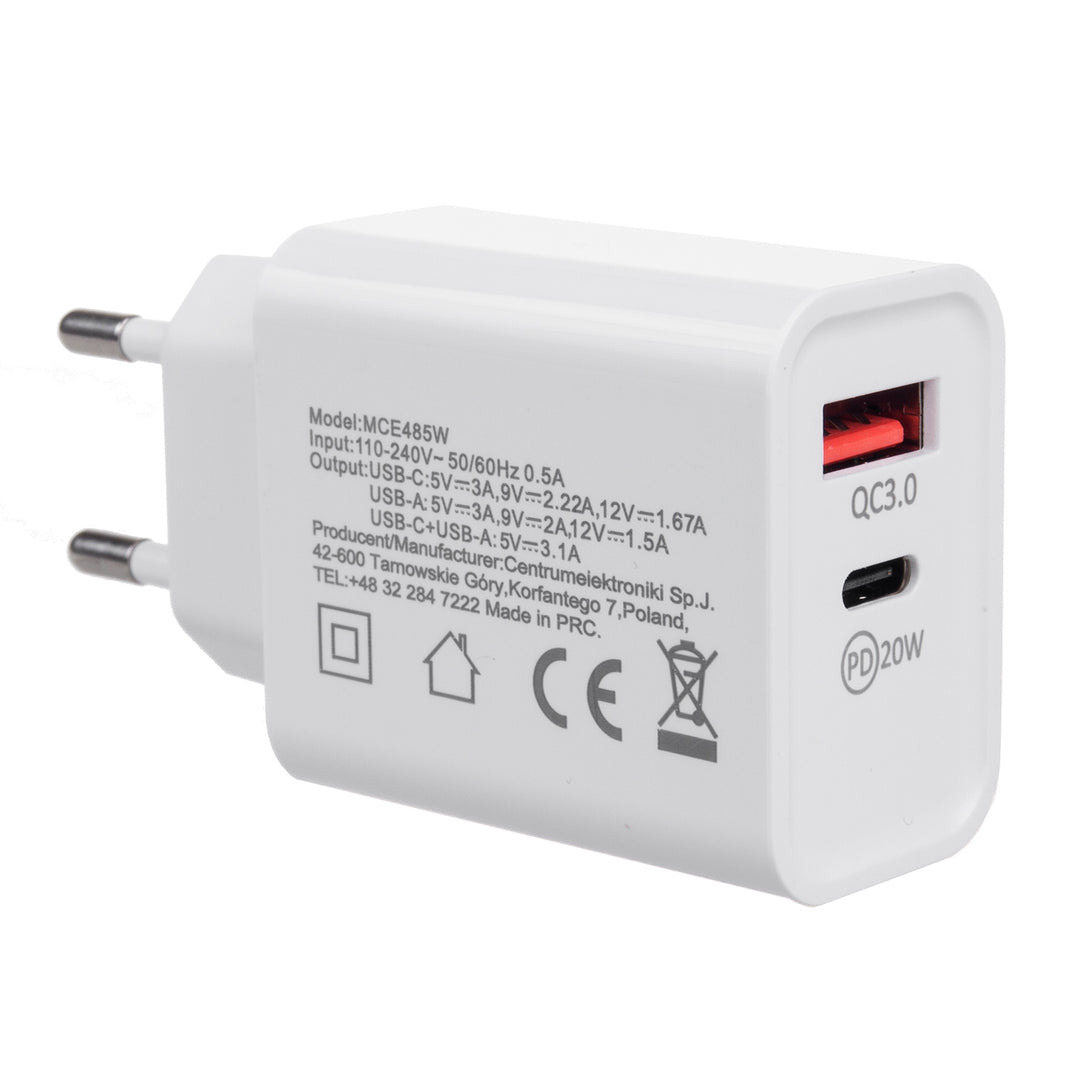 Maclean MCE485 Universal Ladegerät Netzladegerät 2-Port-Stecker: 1xUSB-A (QC 3.0) max. 18W 1x USB Typ-C (PD20W) max. 20W Schnellladegerät Adapter 1x Quick Charge  5V 3A/9V 2.22A/12V 1.67A