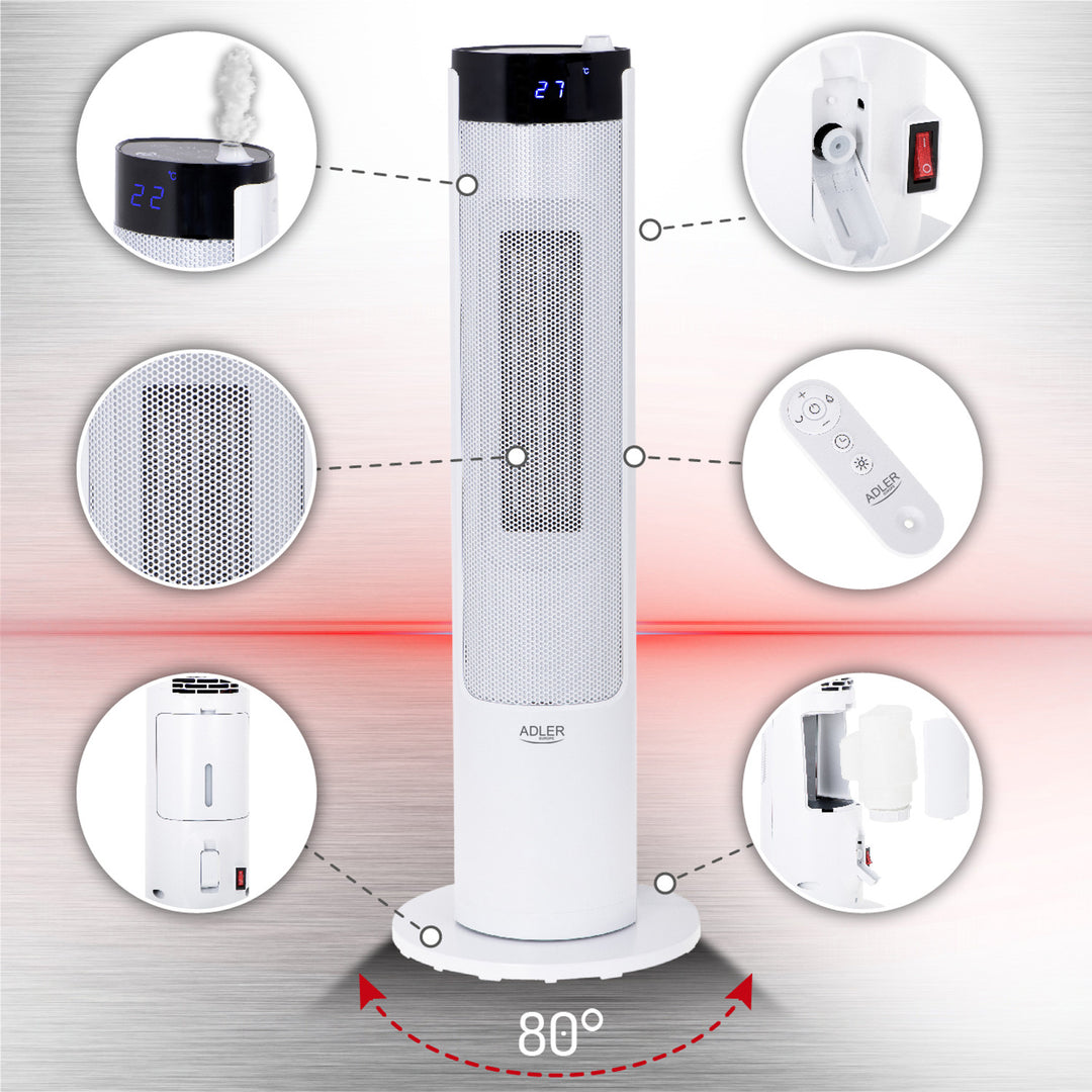 Turmheizkörper Elektroheizkörper mit Luftbefeuchtung und Kühlung Horizontale Oszillation 80° Keramik 2200 W mit Fernbedienung