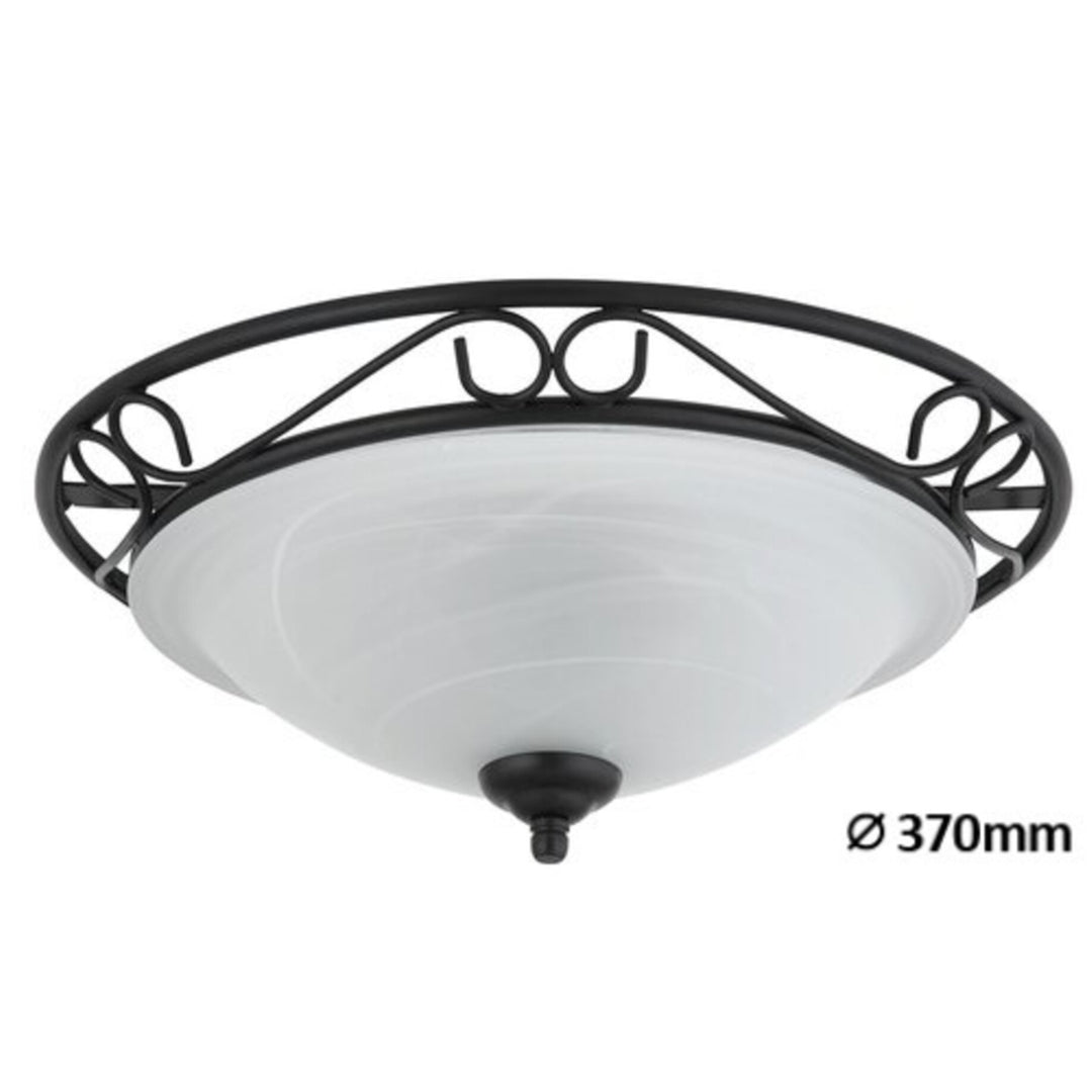 Mediterrane Deckenlampe aus weißem Alabasterglas mit schwarzem Metallgestell in Schmiedeoptik 37 cm Durchmesser