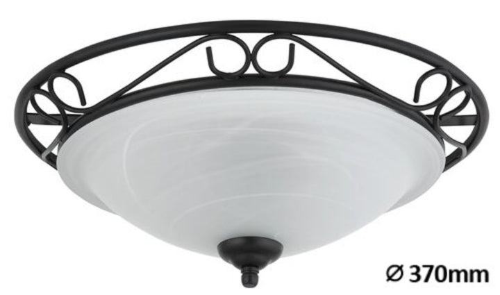 Mediterrane Deckenlampe aus weißem Alabasterglas mit schwarzem Metallgestell in Schmiedeoptik 37 cm Durchmesser