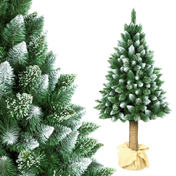 Diamond Künstlicher Tannenbaum Kiefer mit Naturstamm 180cm Christbaum mit Kunststoffsockel Schnee-Effekt PVC Dekoration Weihnachtsdeko