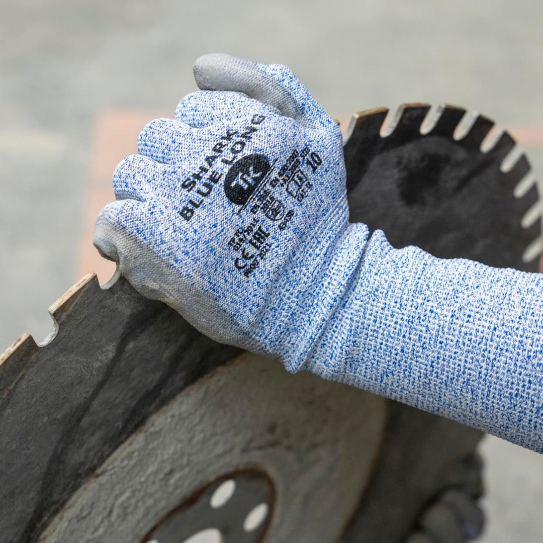 TK Shark Blue Long Arbeitshandschuhe Montagehandschuhe mit Polyurethan-Beschichtung Reißfest Schnittschutzhandschuhe Extra Lange Stulpe Größe: 9 1x Paar