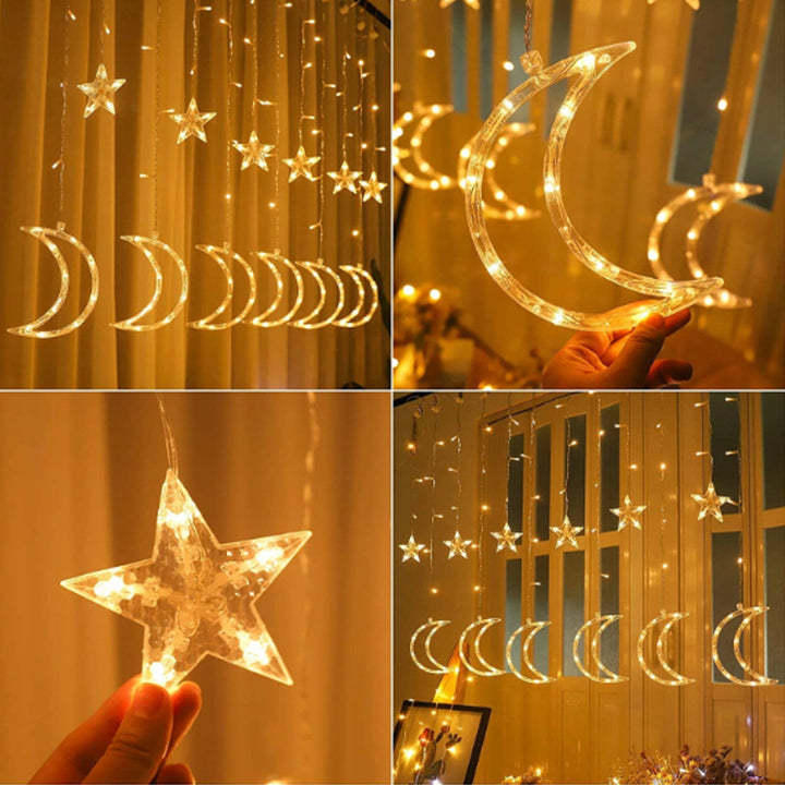 Weihnachtsbeleuchtung Sterne und Monde Lichtervorhang Beleuchtung Lichterkette Innenbeleuchtung 8 Lichtmodi 138 LED Warmweiß