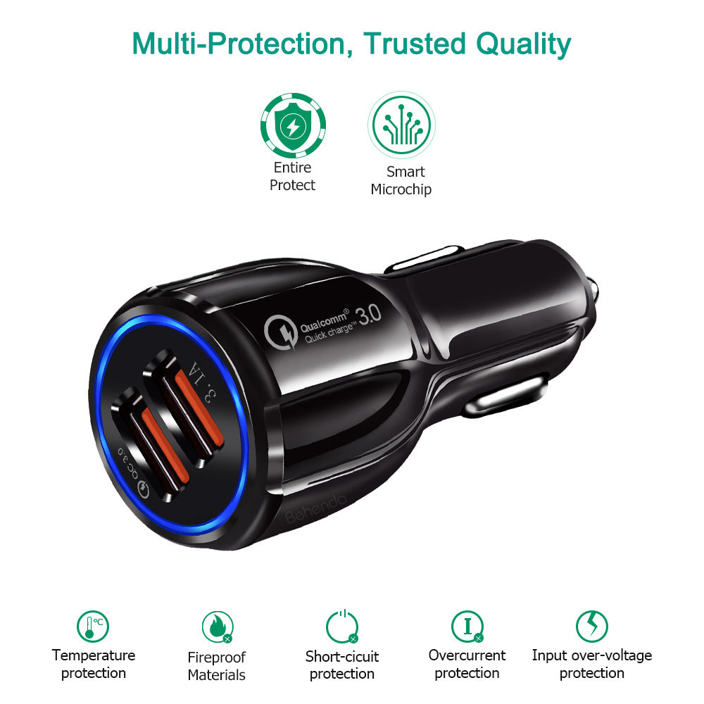 Maclean MCE478 2-Fach USB Ladegerät +1m USB Kabel Zigarettenanzünder Quick Charge 3.0 bis 30W Schnellladung KFZ 1xQC3.0 5V/3A, 9V/1.8A, 12V/1.6A 1x 5V/3.1A